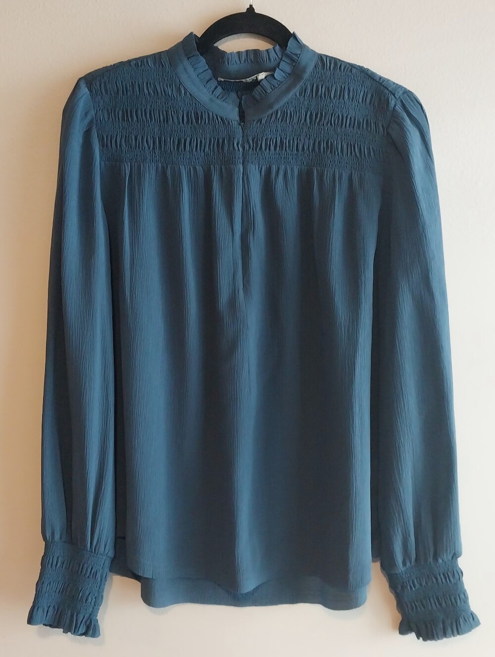 Go By Go Silk Slate Blue 100% Silk Long Sleeve Smocked Blouse